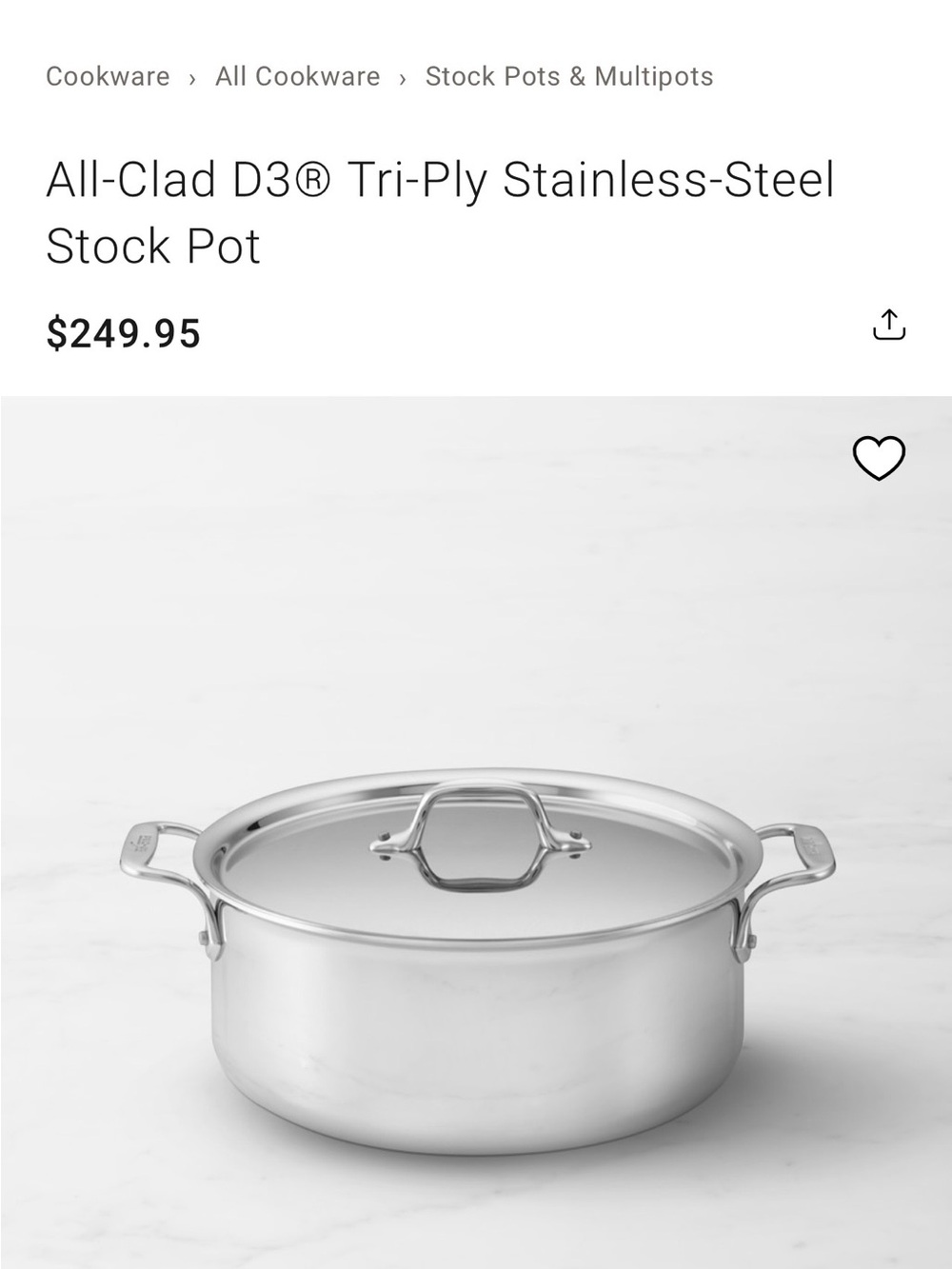All-Clad D3® Tri-Ply Stainless-Steel Stock Pot 6 Quart with lid - Picture 2 of 9